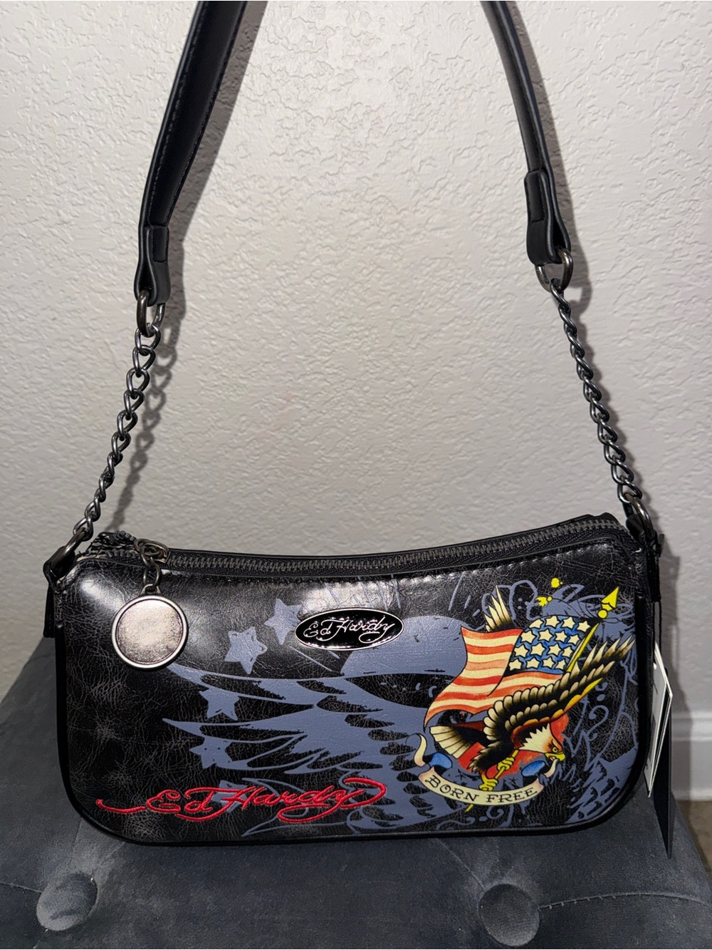 Ed Hardy Black Shoulder Bag with Patriotic Eagle and Flag Accent